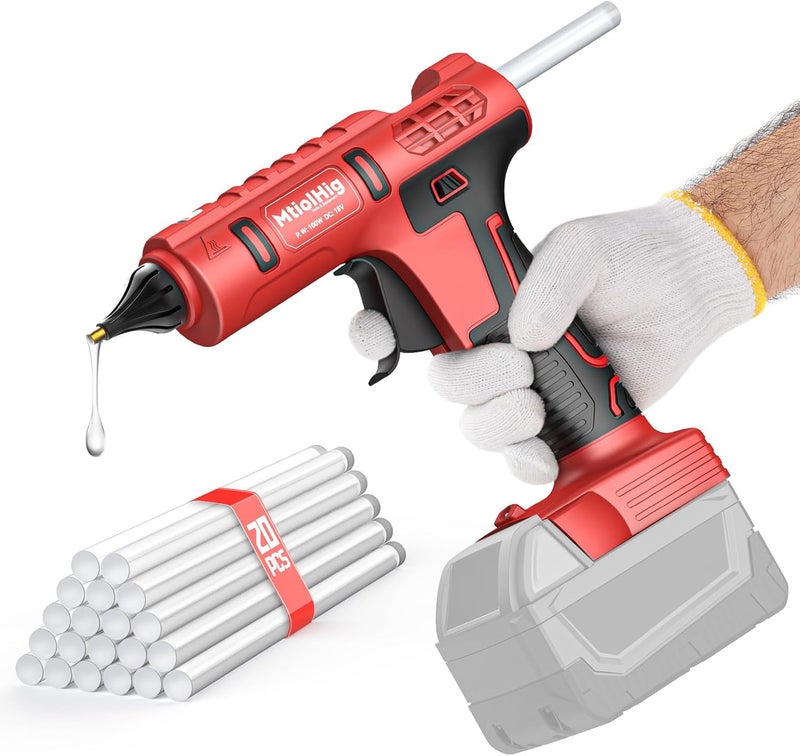 MtiolHig100W Hot Glue Gun Compatible with Milwaukee 18v Battery, Wireless Battery Powered for 18v Battery, Heavy Duty Full Size Glue Gun with 20pcs 0.43'' Glue Sticks for Crafts DIY & Repairs - Image 1